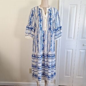 Figueroa+Flower Blue White Floral Tiered Midi Dress Boho Chinoiserie Size XL NWT